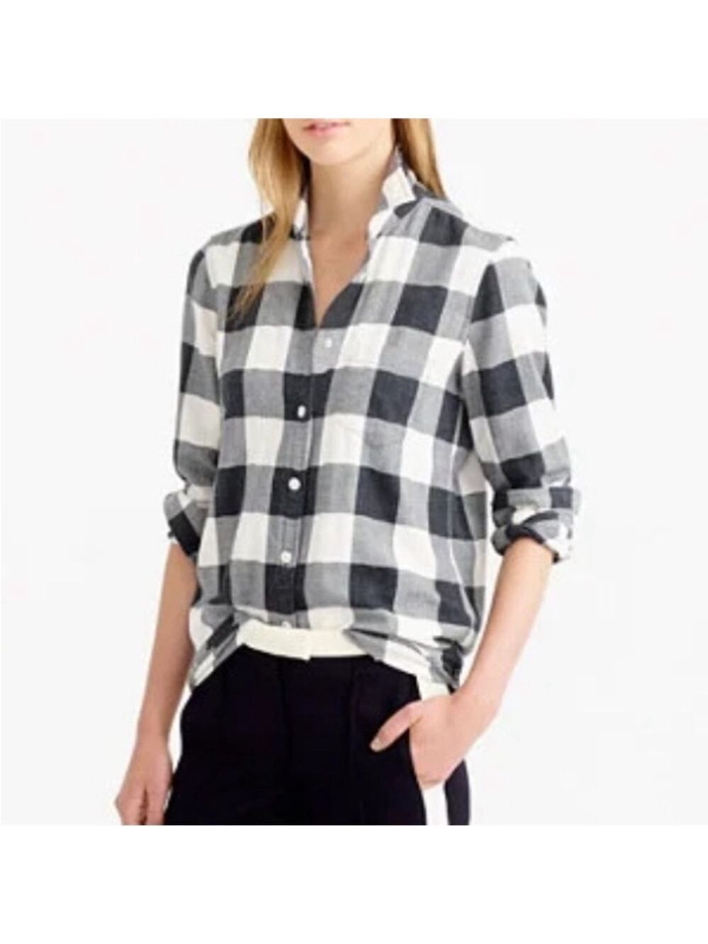 J. CREW flannel button up shirt Buffalo checks collared cuffs black white size O